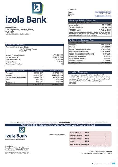 Download Malta Izola Bank mortgage statement Word and PDF template Photoshop template